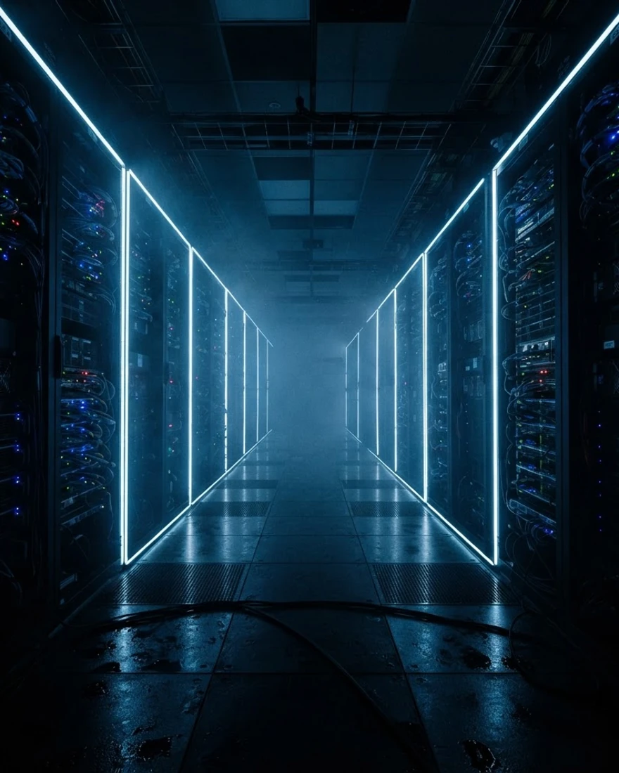 Data center server aisle vanishing into darkness