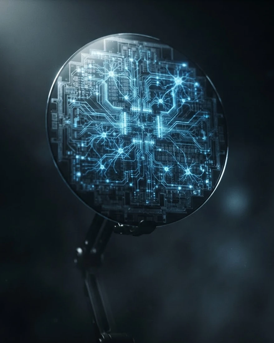 Translucent silicon neural processor wafer glowing in darkness