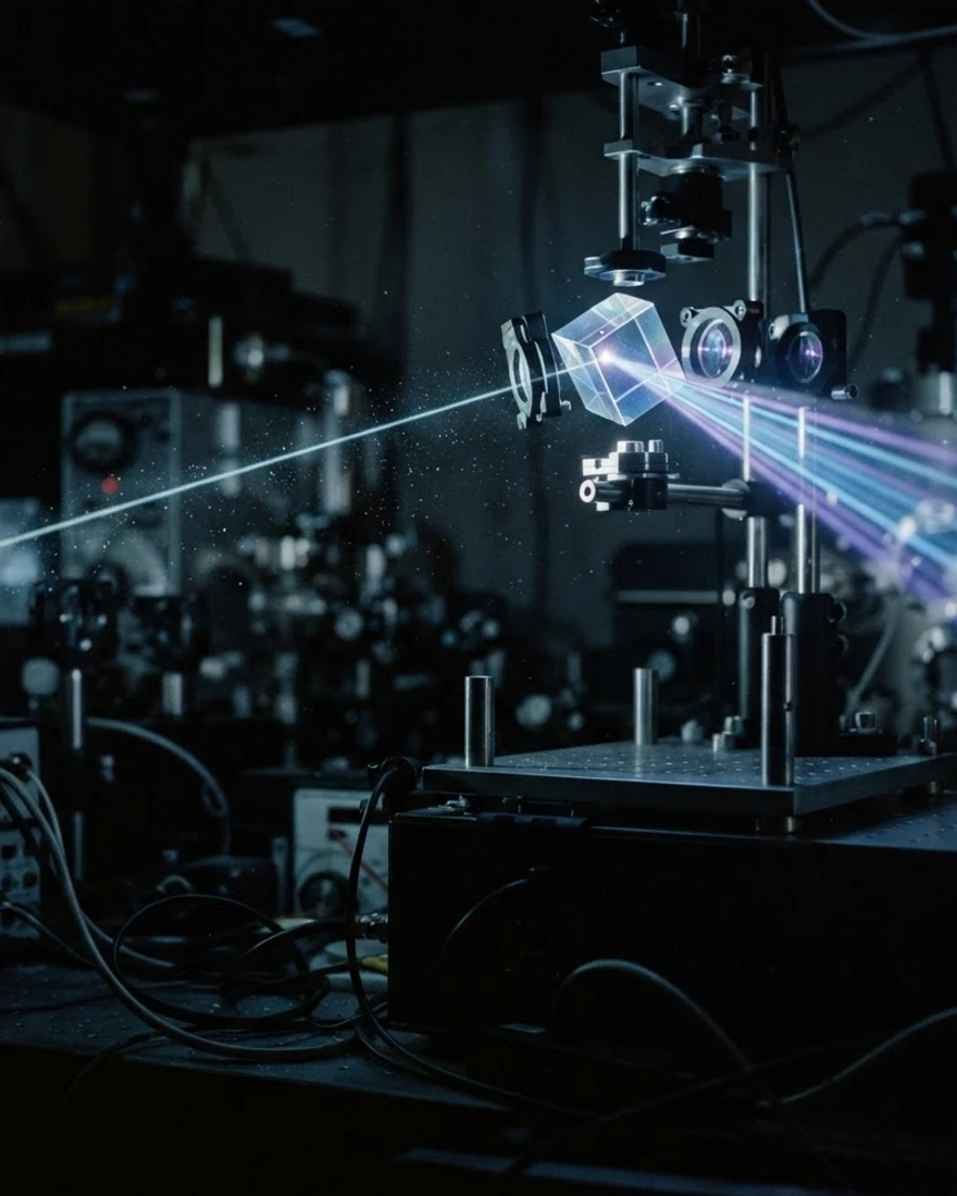 Beams of light refracting through a precision optical prism array